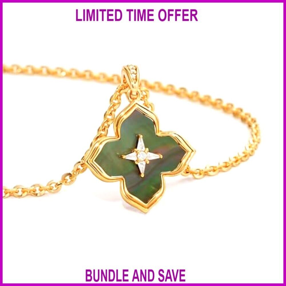 Double-Sided Clover Pendant Necklace 14K Gold Plated Chain 18" Length - Picture 5 of 7